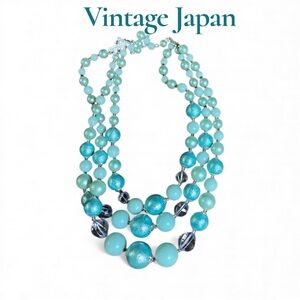 Vintage Japan Blue Beaded Triple Strand Necklace Hook Closure Costume Jewelry